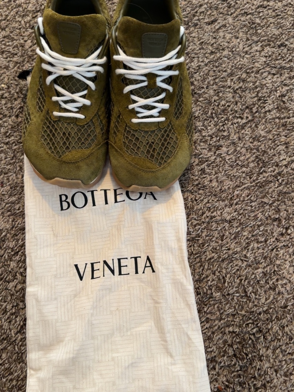 Bottega Veneta Olive Green Suede & Mesh Men’s Sneakers with White Laces